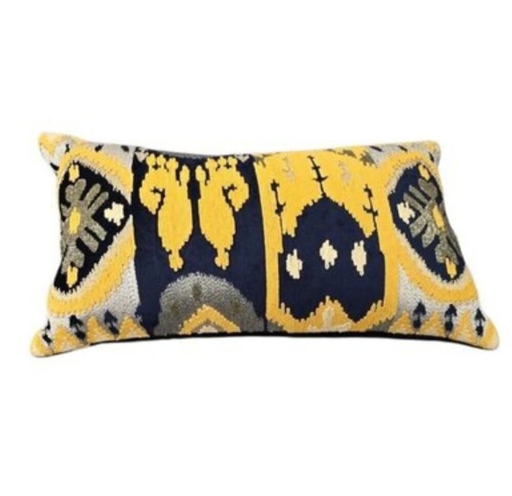 Callisto Home Coastal Ikat Metallic Velvet Pillow 24x12in Decor